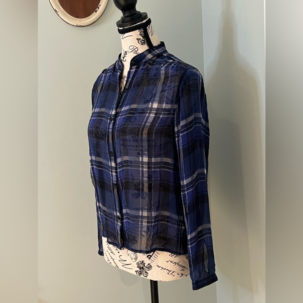 Rag & Bone Byron Button-Front Silk Sheer Chiffon Plaid Blue Black XXS Like New - Picture 6 of 11
